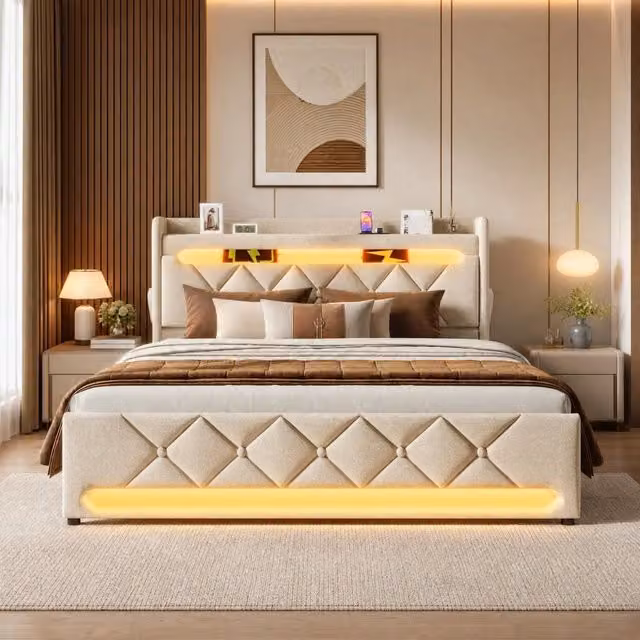 Letto 140x200 cm con contenitore idraulico, LED e ricarica USB-C in lino beige