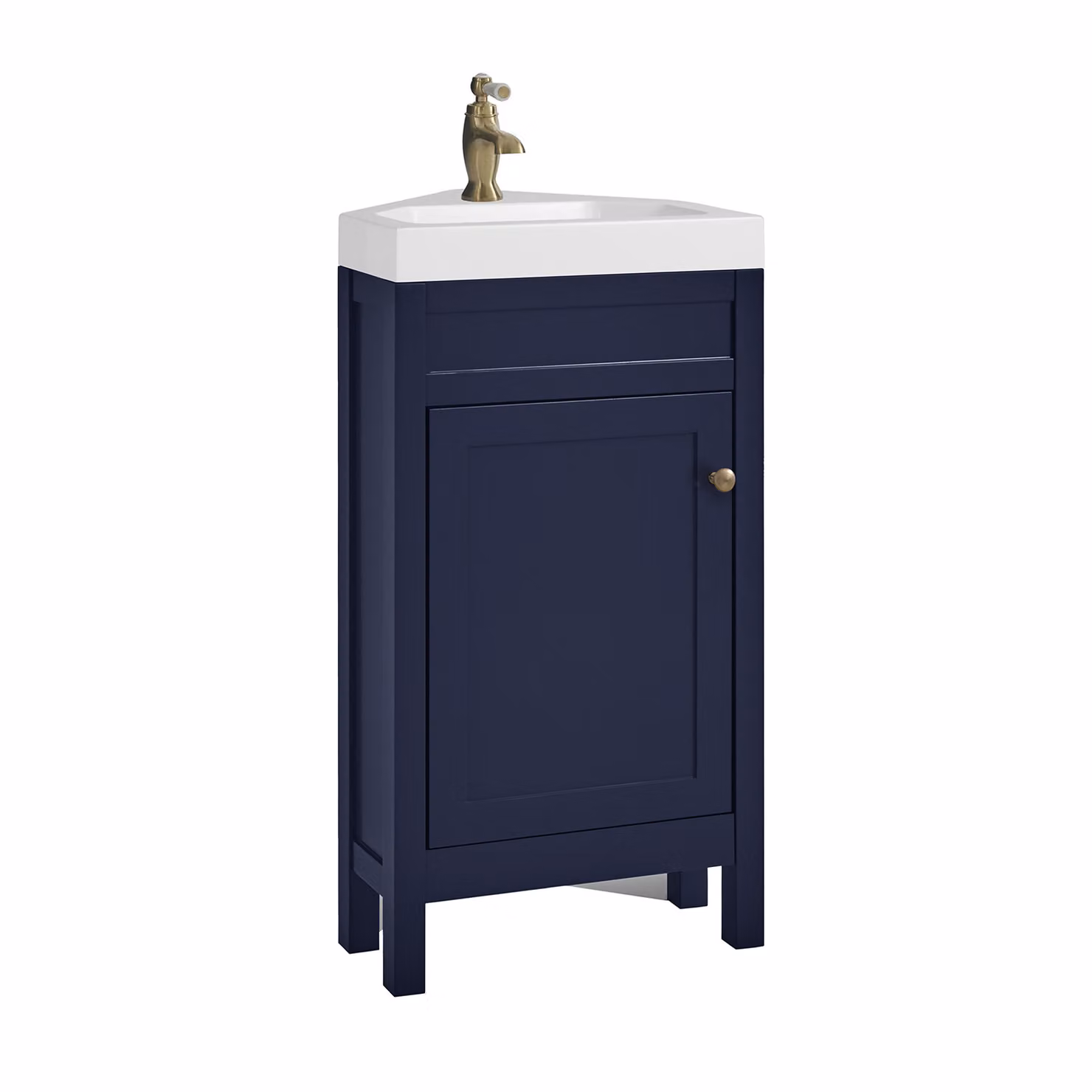 Mobile Bagno Angolare Blu Marino da 450mm con Lavabo e Maniglia Classica Rotonda in Ottone Spazzolato - Warwick