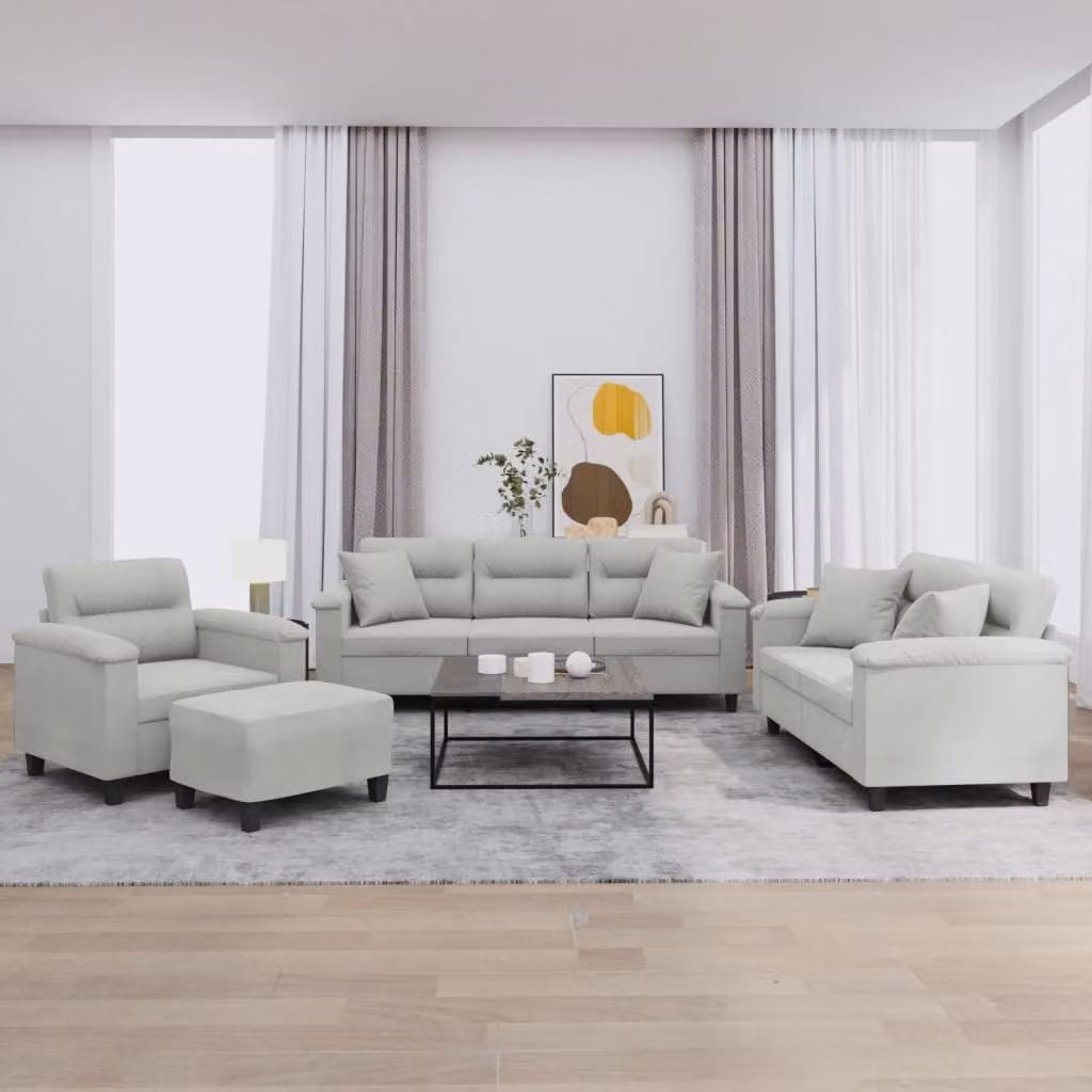 Set di Divani vidaXL 4 Pezzi Moderno in Microfibra Grigio con Ottoman e Cuscini – 1