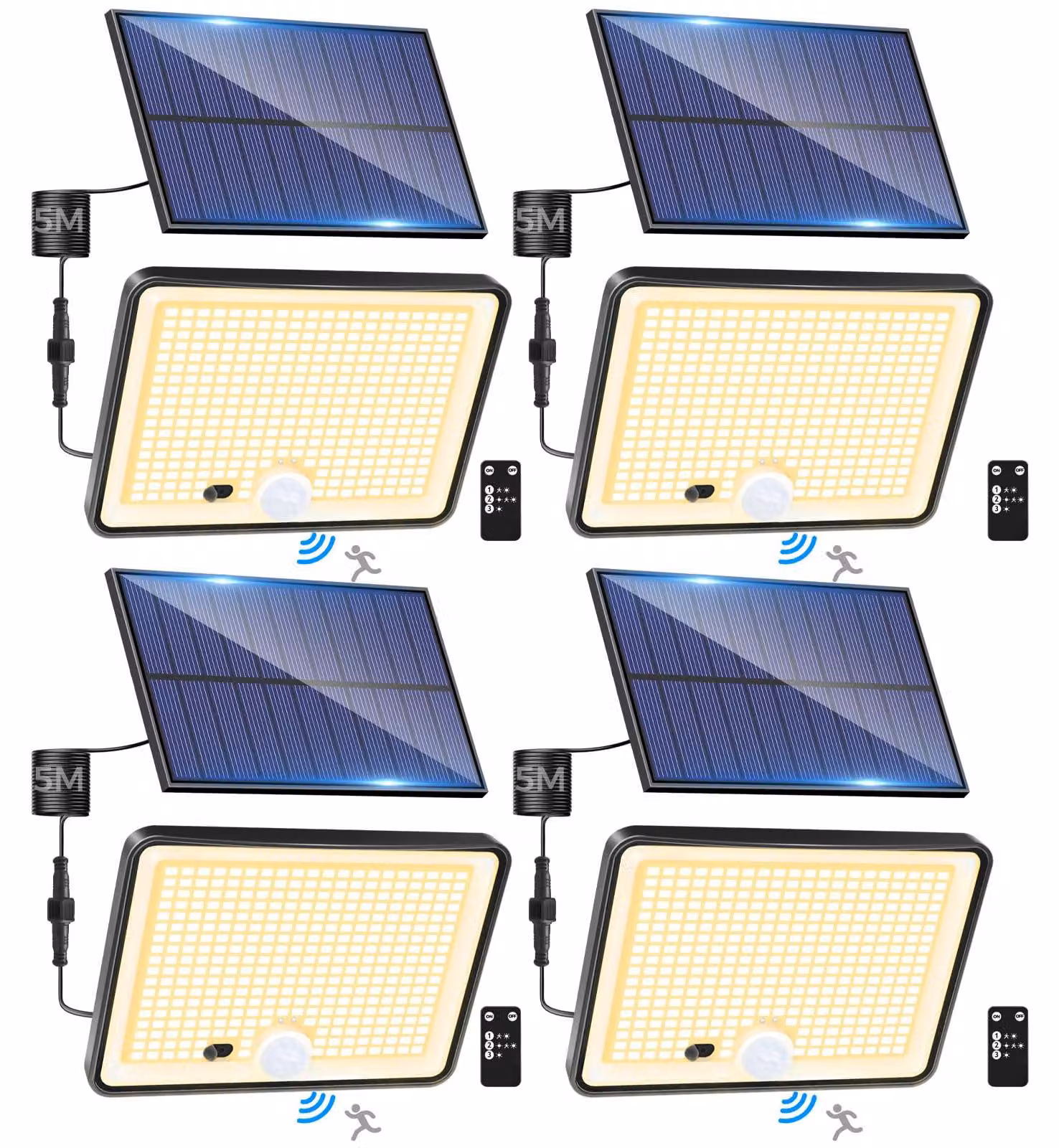 Set di 4 luci solari, 342 LED, sensore di movimento, grado di protezione IP65, 3 modalità, telecomando