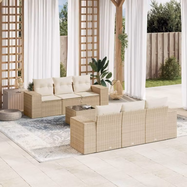 Set Divani da Giardino vidaXL 7 pz con Cuscini Beige e Tavolino in Polyrattan e Acciaio