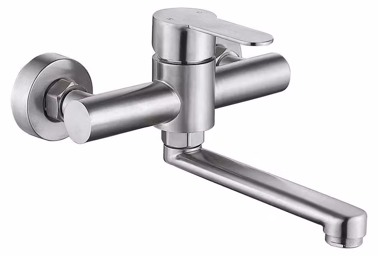 Miscelatore da cucina a parete, girevole a 360°, monocomando, in acciaio inossidabile, corto, 18 cm, finitura spazzolata