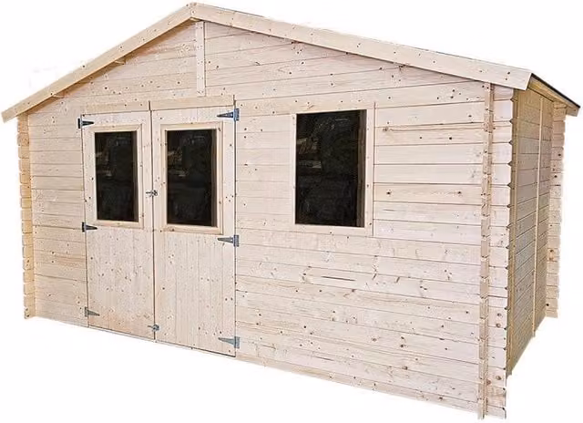 Casetta da giardino in legno Alce in abete naturale color beige e marrone con pareti da 25 mm, porta doppia finestrata e serratura, L/P: 396 x 396 cm