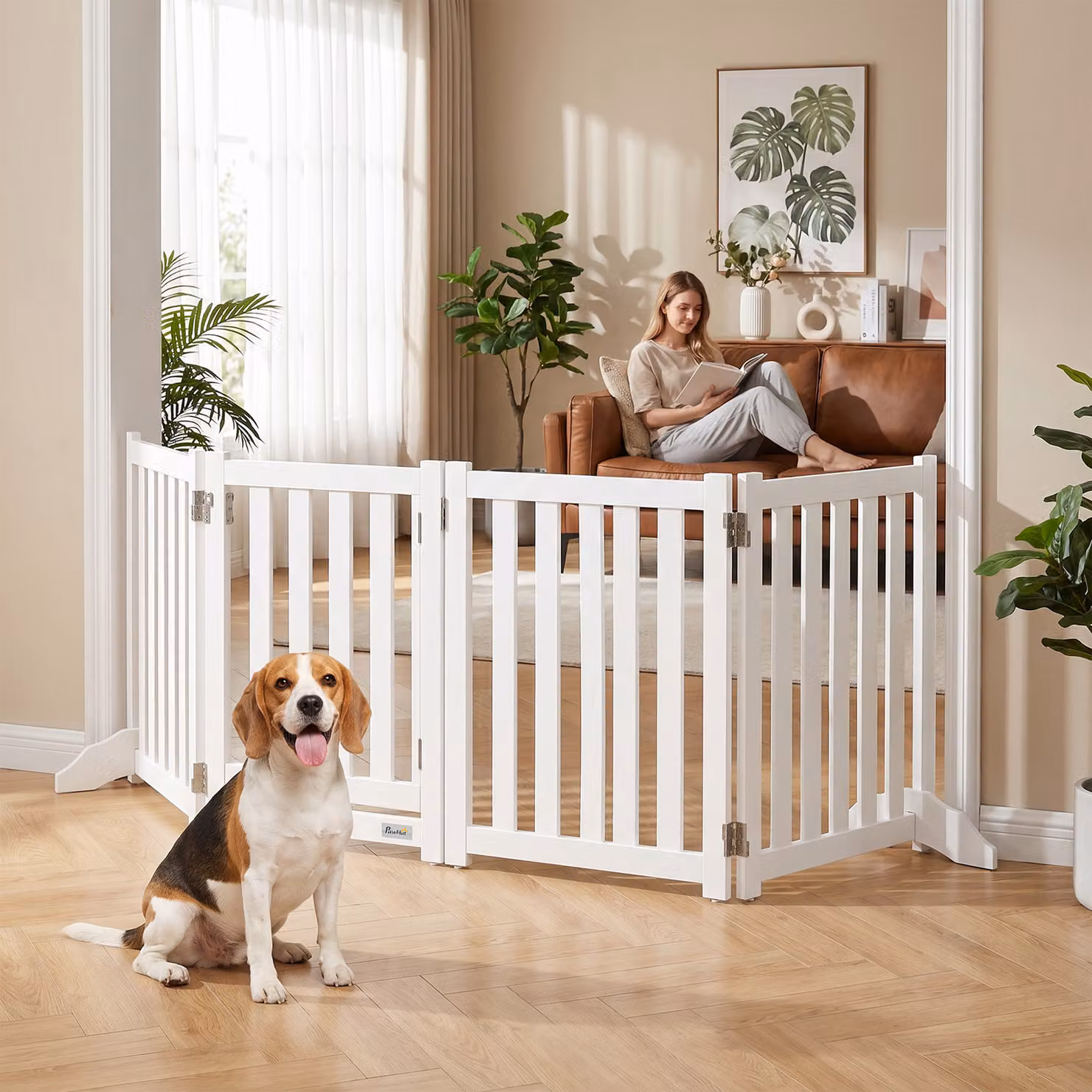 Barriera per cani PawHut pieghevole a 4 pannelli con porta in legno bianco L: 205 cm, H: 60 cm – 2