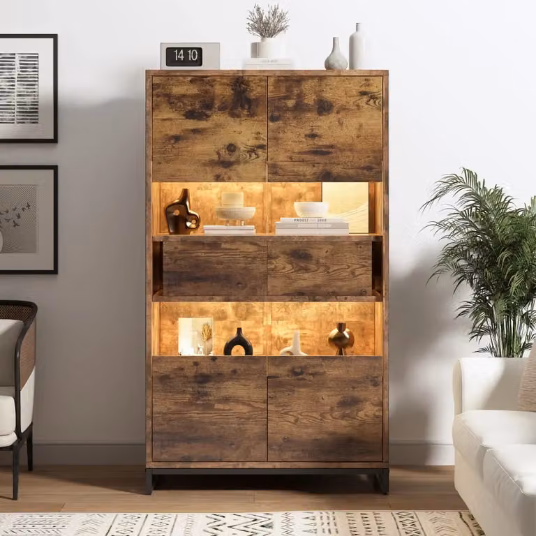 Vetrina Mivray moderna con LED Bluetooth, 2 cassetti e 6 vani in MDF nero con ante in vetro e ripiani interni, L: 80 cm, P: 40 cm, H: 138 cm