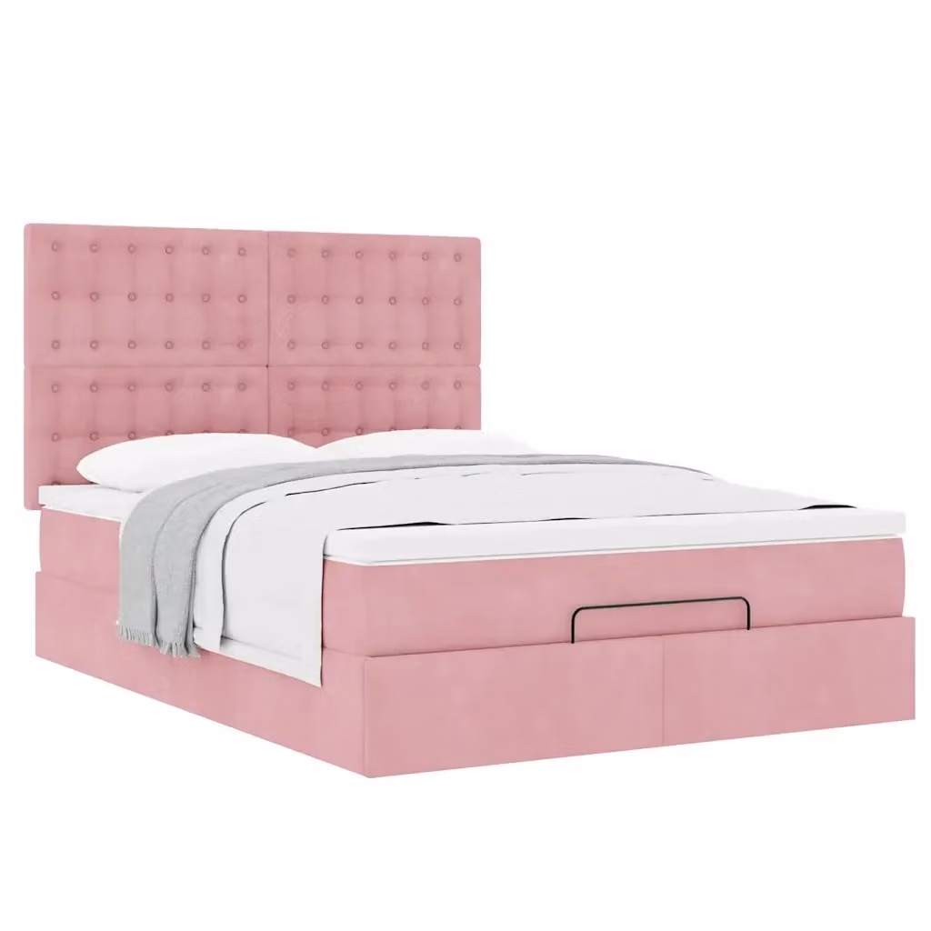 Letto con contenitore a sollevamento vidaXL in velluto rosa e bianco L: 140 cm, P: 200 cm, H: 128 cm – 2