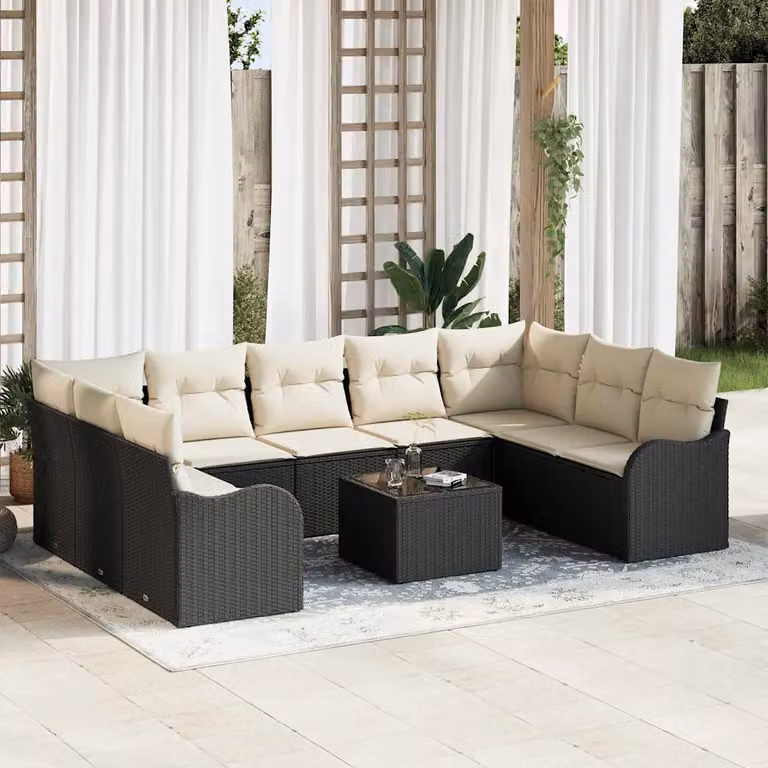 Set Divano da Giardino vidaXL 10 Pezzi in Polyrattan con Cuscini Nero e Bianco