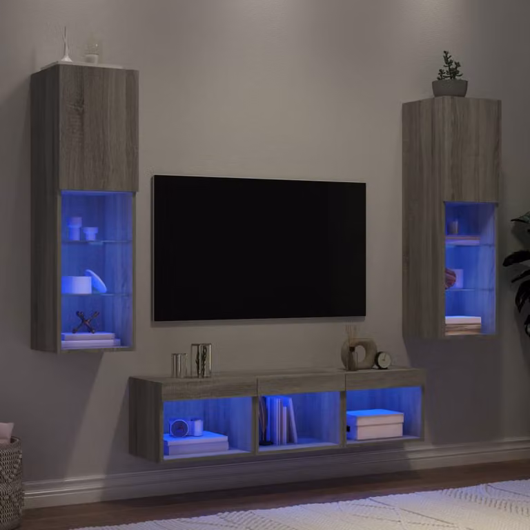 Mobile TV a muro vidaXL con illuminazione LED integrata, 5 pezzi, Grigio, in Legno Multistrato, L/P/H: 40 x 30 x 30 cm