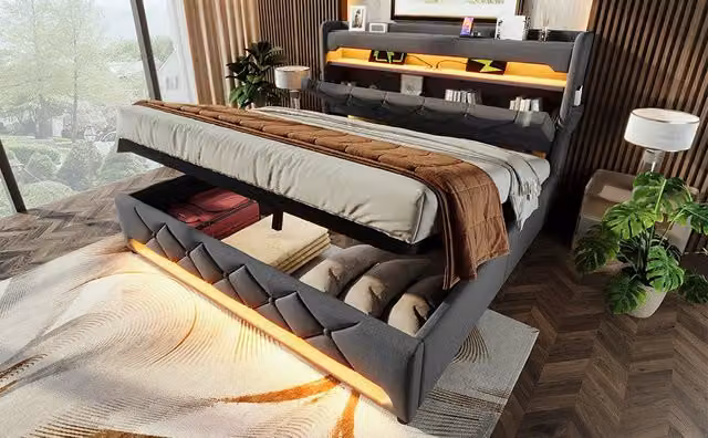 Letto imbottito matrimoniale con LED 360° e testiera contenitore con ricarica USB/Type-C, lino grigio, 140x200 cm, senza materasso
