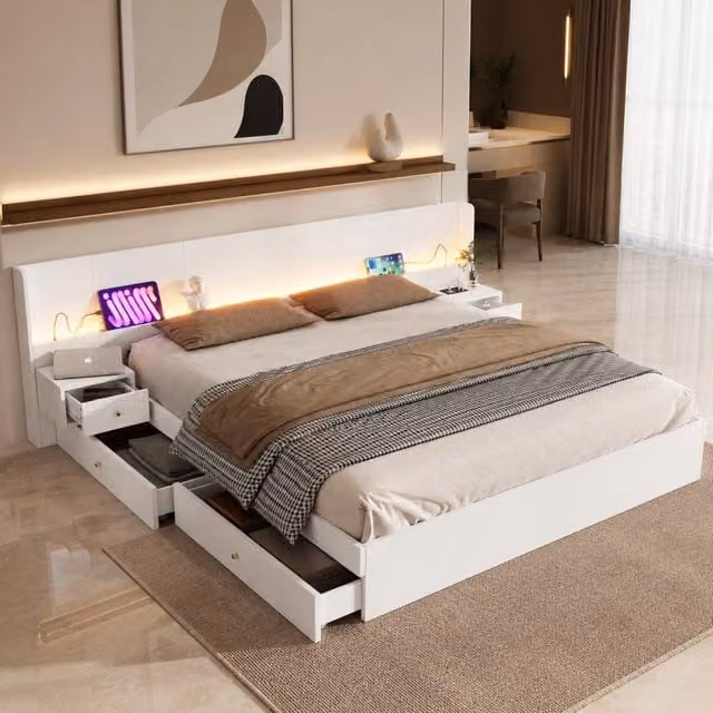 Letto matrimoniale 180 × 200 cm con LED app USB prese comodini cassetti MDF bianco rete a doghe inclusa