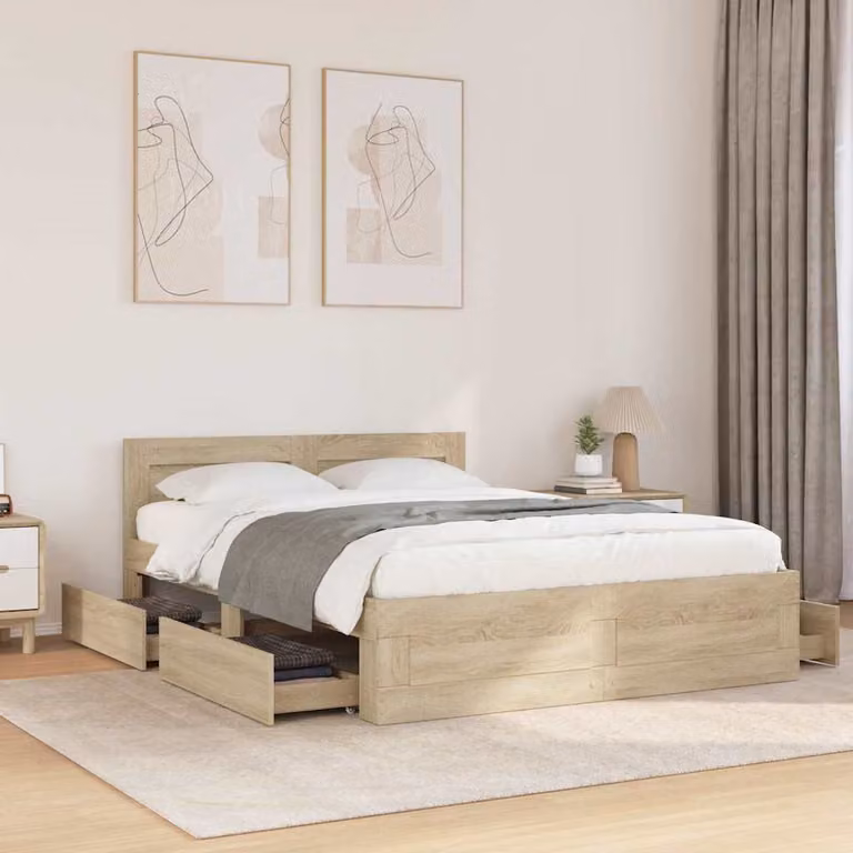 Struttura letto moderna vidaXL in legno ingegnerizzato con cassetti, colore marrone e beige, L: 137 cm x P: 188 cm