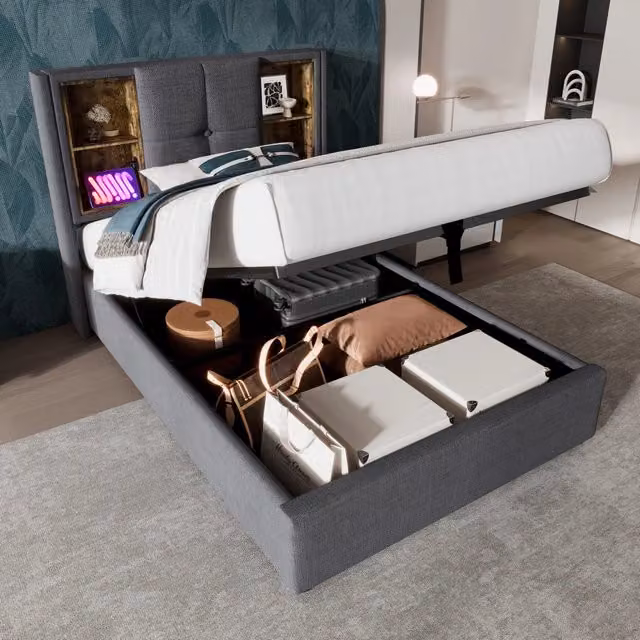 Letto contenitore singolo OKWISH in tessuto grigio con ricarica wireless, porte USB, porta C e ripiani, L/P: 90 x 200 cm