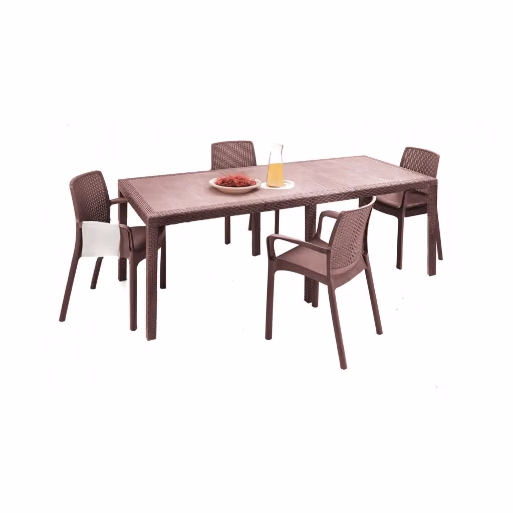 Set tavolo e sedie Arret DMORA con ripiano rettangolare allungabile, effetto rattan, colore marrone, ideale per giardino, balcone o terrazza – 2