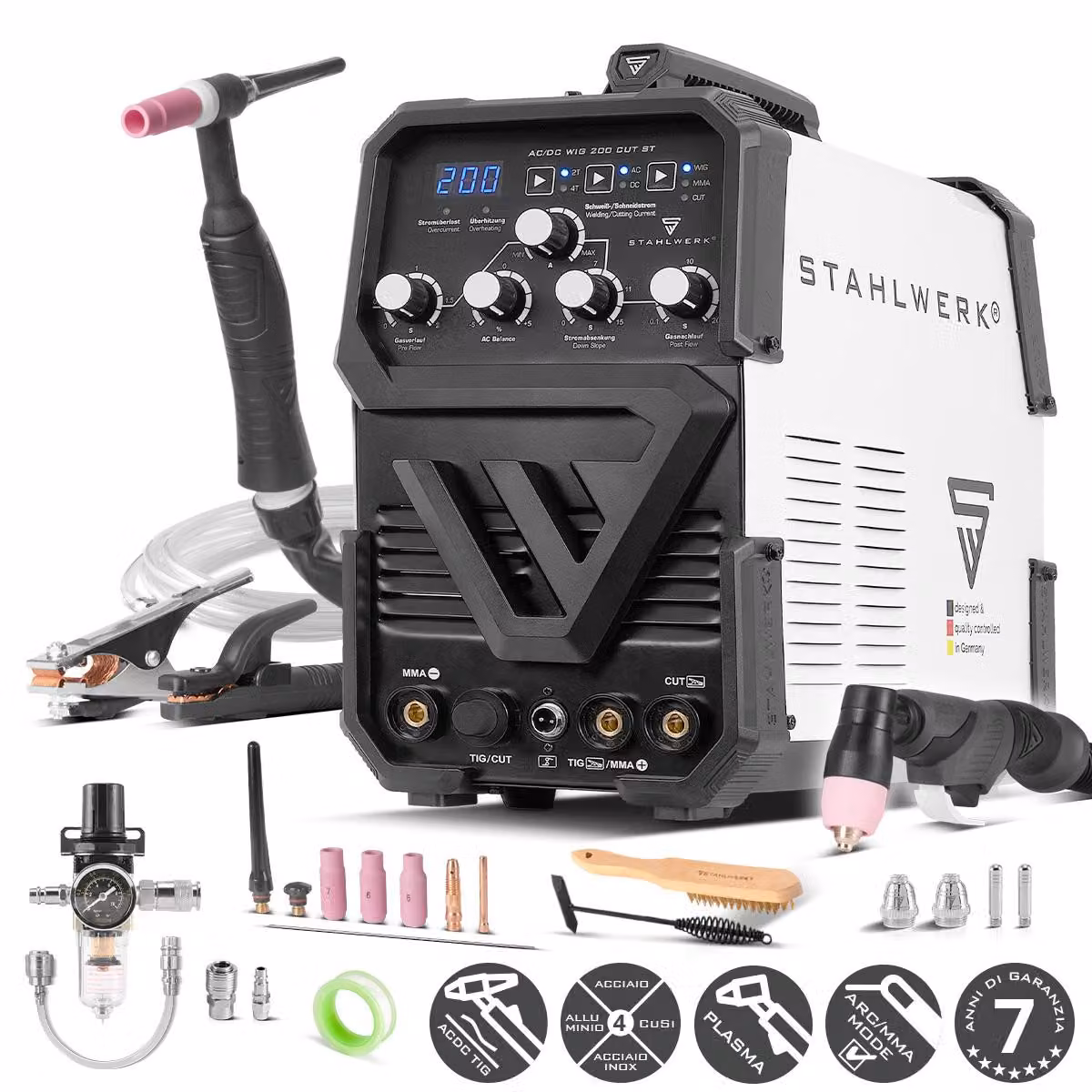 STAHLWERK Saldatrice 3 in 1 combinata AC/DC TIG 200 CUT ST - TIG & MMA fino a 200 A, taglio al plasma fino a 45 A, acciaio inox, rame, alluminio, titanio