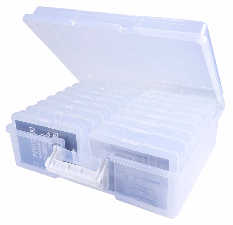 Contenitore trasparente per la conservazione di fotografie, dimensioni 36 x 28 x 13 cm, con 16 supporti interni