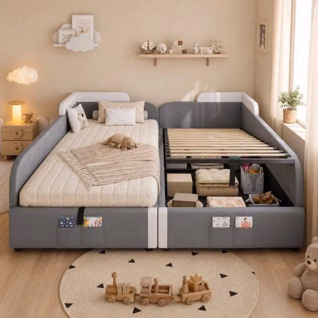 Letto imbottito per bambini ULEVR 2x90x200 cm con contenitore idraulico, sponde morbide e tasca ai piedi