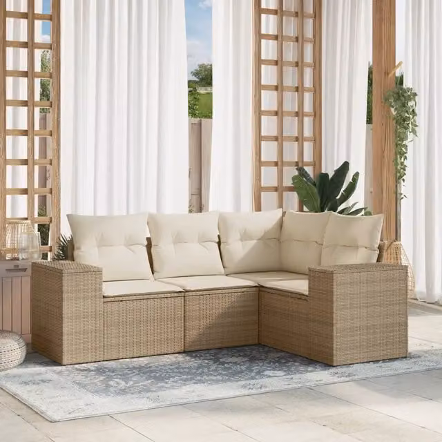 Set Divano da Giardino Moderno VIDAXL in Polyrattan con Cuscini Beige a Forma di L, 4 Pezzi