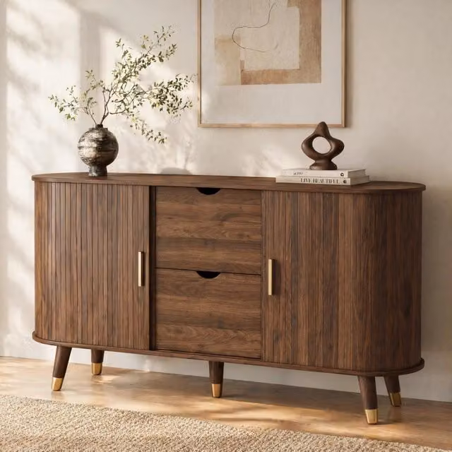 Credenza 140.0x40.0x79.5 cm con due cassetti; ripiani aperti e ante a grana verticale in MDF color noce