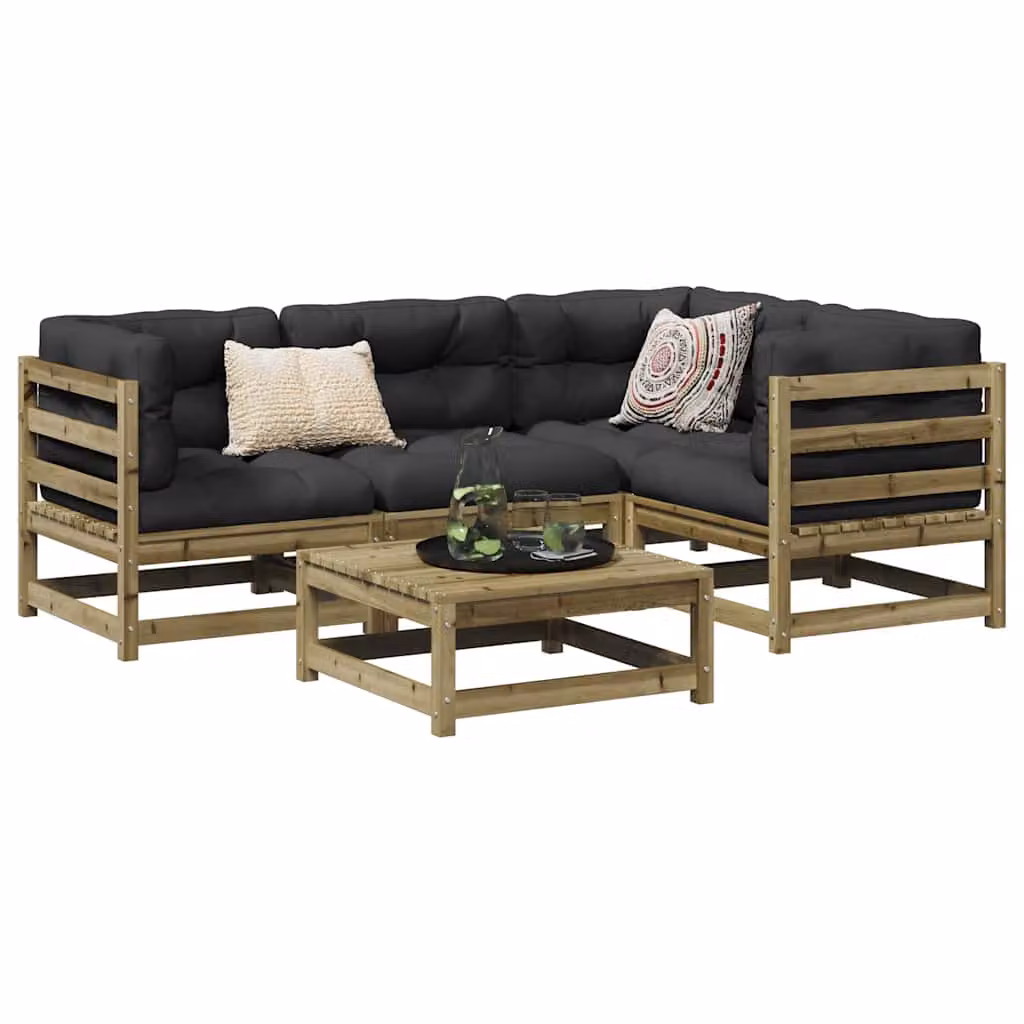 vidaXL Set Divani da Giardino 5 pz in Legno di Pino con Cuscini, Colore Marrone e Grigio – 1