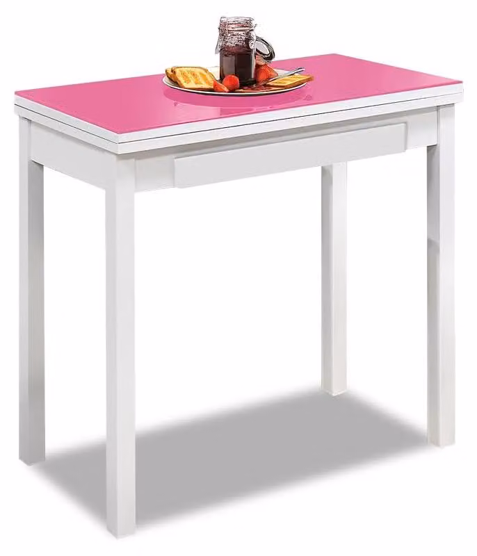 Tavolo da pranzo, dimensioni 80x40 cm, struttura in metallo e piano in vetro, colore fucsia, design salvaspazio