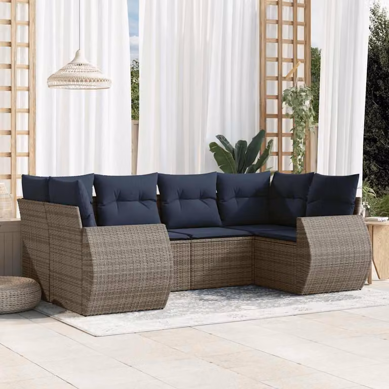 Set Divani da Giardino vidaXL a Forma di L con Cuscini, Polyrattan e Struttura in Acciaio, Grigio e Blu