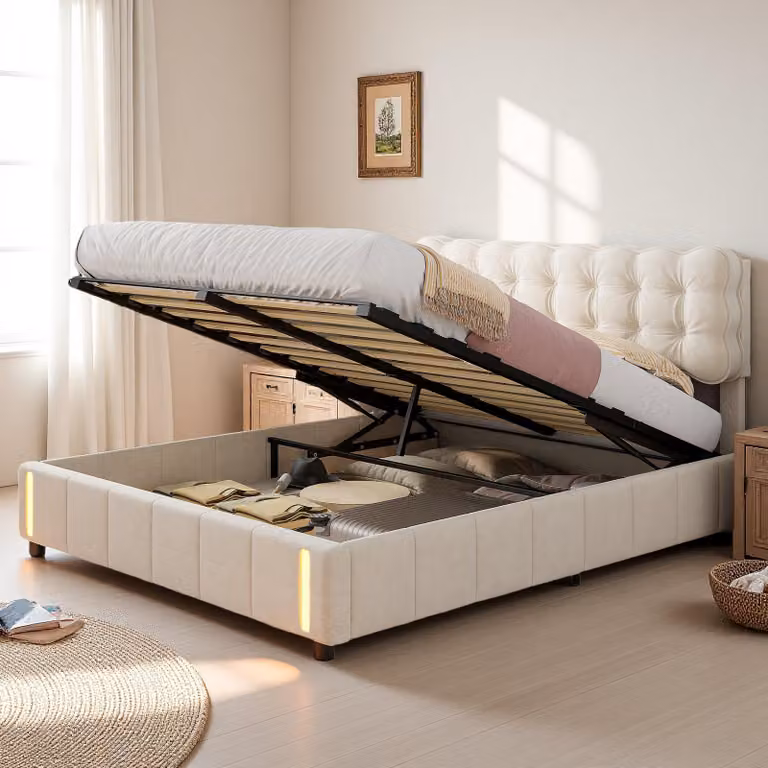 Letto imbottito UnboxG 160×200 cm in beige con contenitore, luce LED sulla pediera - letto matrimoniale elegante, velluto