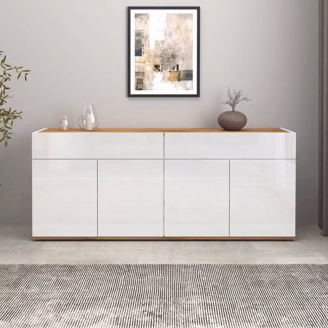 WHOUS Credenza Garda 4 ante e 2 cassetti bianco lucido e rovere 160,1x35x70 cm