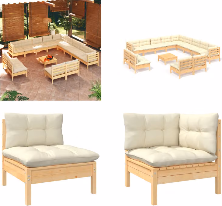 vidaXL set salotto da giardino 14 pezzi con cuscini crema pino massiccio - Set salotto da giardino - Set salotto da giardino - Set mobili da giardino - Set mobili da giardino