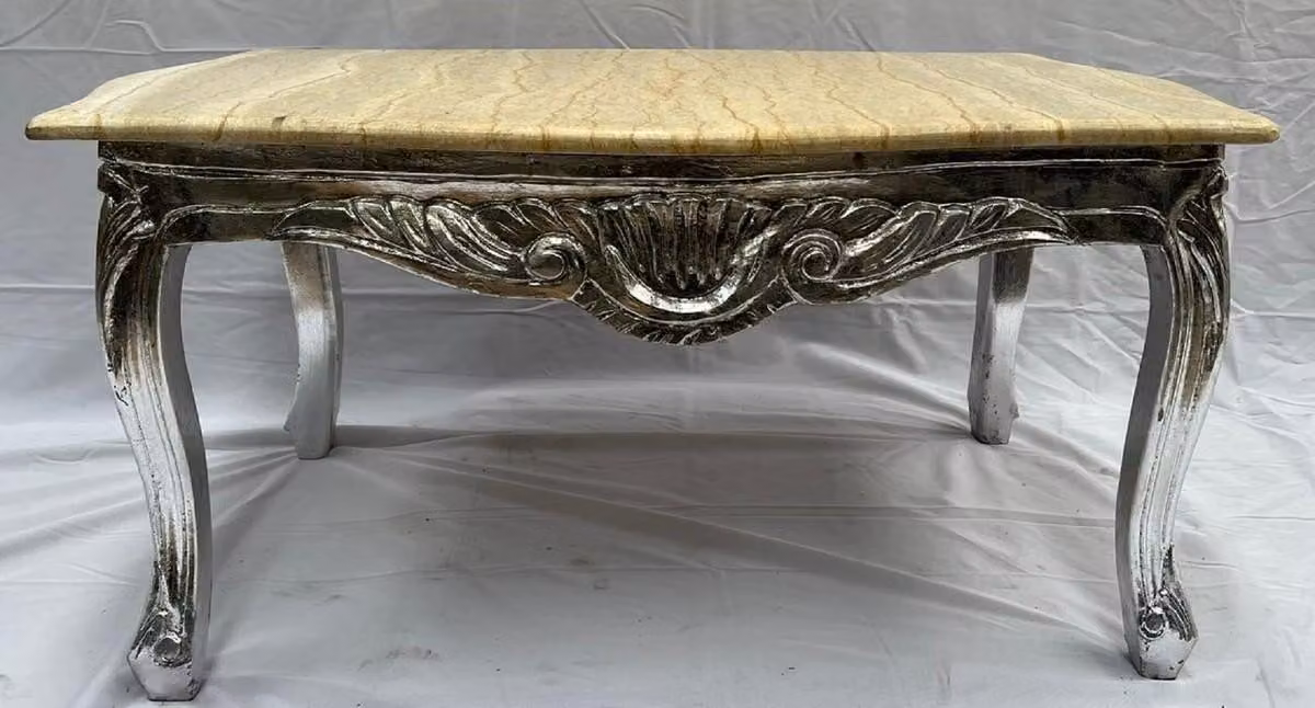 Tavolino barocco Casa Padrino argento / crema - Tavolo rettangolare in legno massello con piano in marmo - Mobili da salotto in stile barocco - Mobili barocchi - Mobili da salotto in stile antico