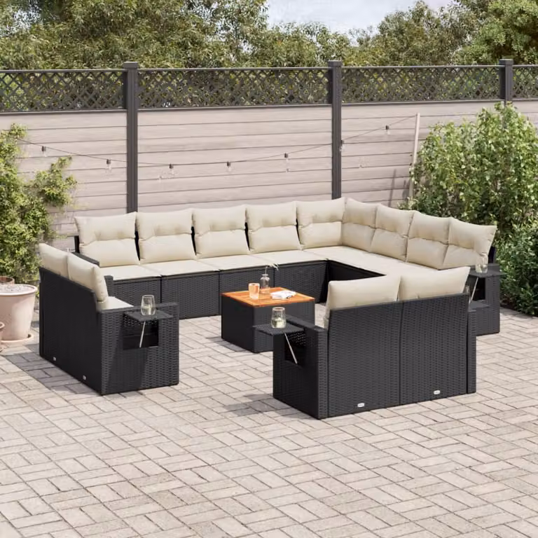 vidaXL Set Divani da Giardino a L in Polyrattan con Cuscini e Tavolino da Caffè, Nero e Bianco