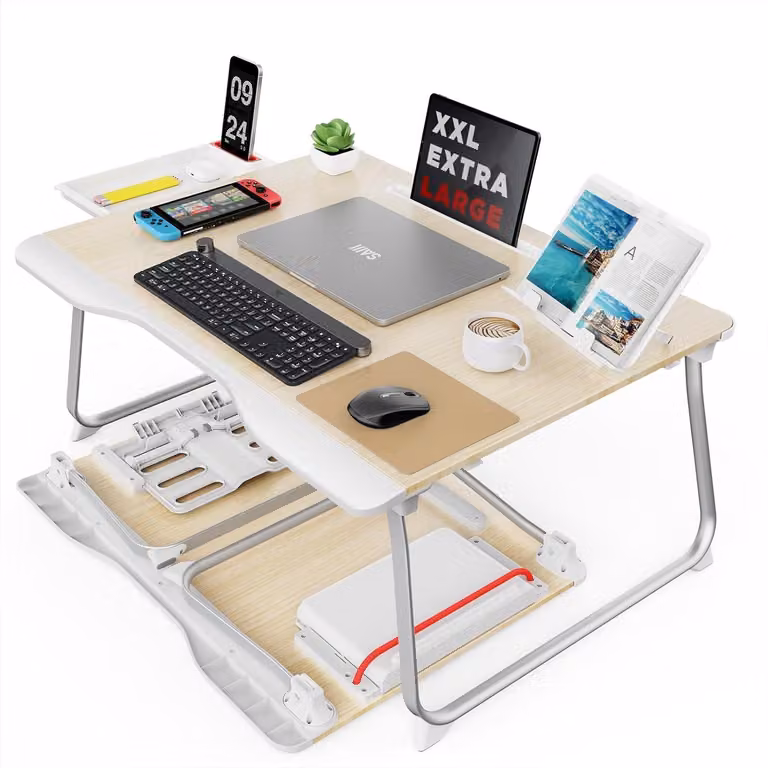 Tavolino per laptop con cassetto e supporto per libri, ergonomico, 65x49 cm, pieghevole, ideale per divano e letto