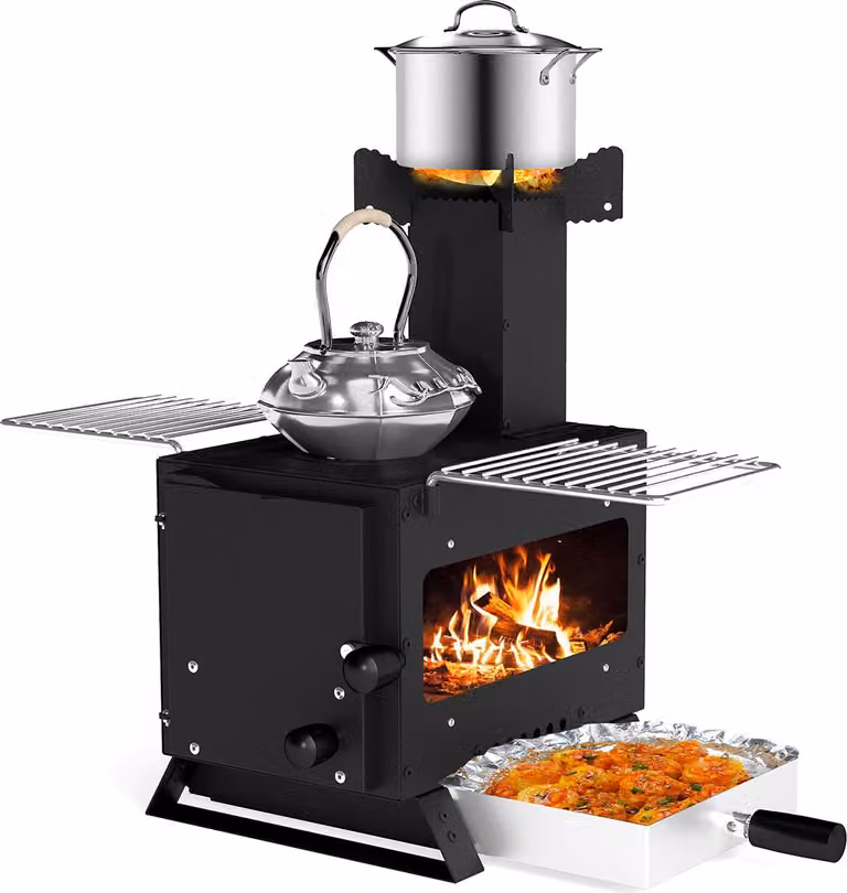 Forno da giardino COSTWAY per cucinare, forno da campeggio con portapentole, teglia, 2 griglie e finestra di visualizzazione, forno a legna, forno da tenda portatile 54x36x44cm