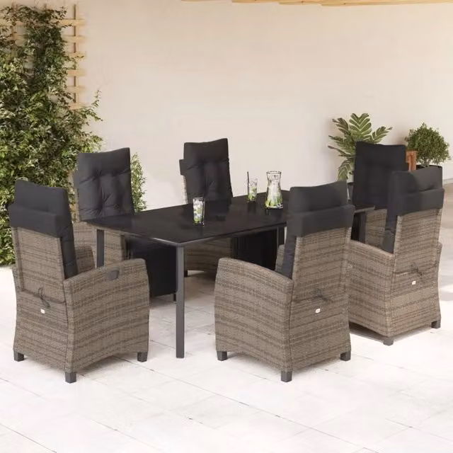 Set da pranzo da giardino vidaXL in polyrattan e vetro con 7 pezzi, colore grigio e nero – 1