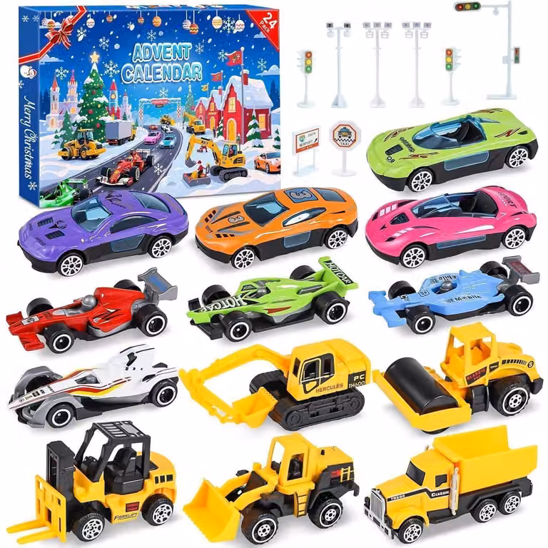 Calendario dell'Avvento per bambini 2025, tema auto, 24 giorni, 16 auto sportive, Natale