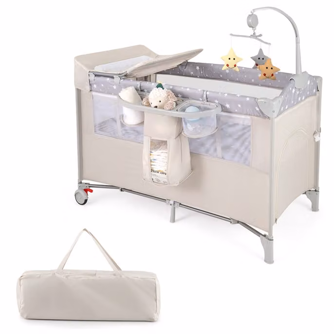 Costway Lettino per bambini 5 in 1 con materasso, fasciatoio, carillon e 3 giocattoli appesi, Beige