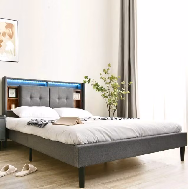 Letto 140x200 cm grigio – testiera contenitore LED, con materasso