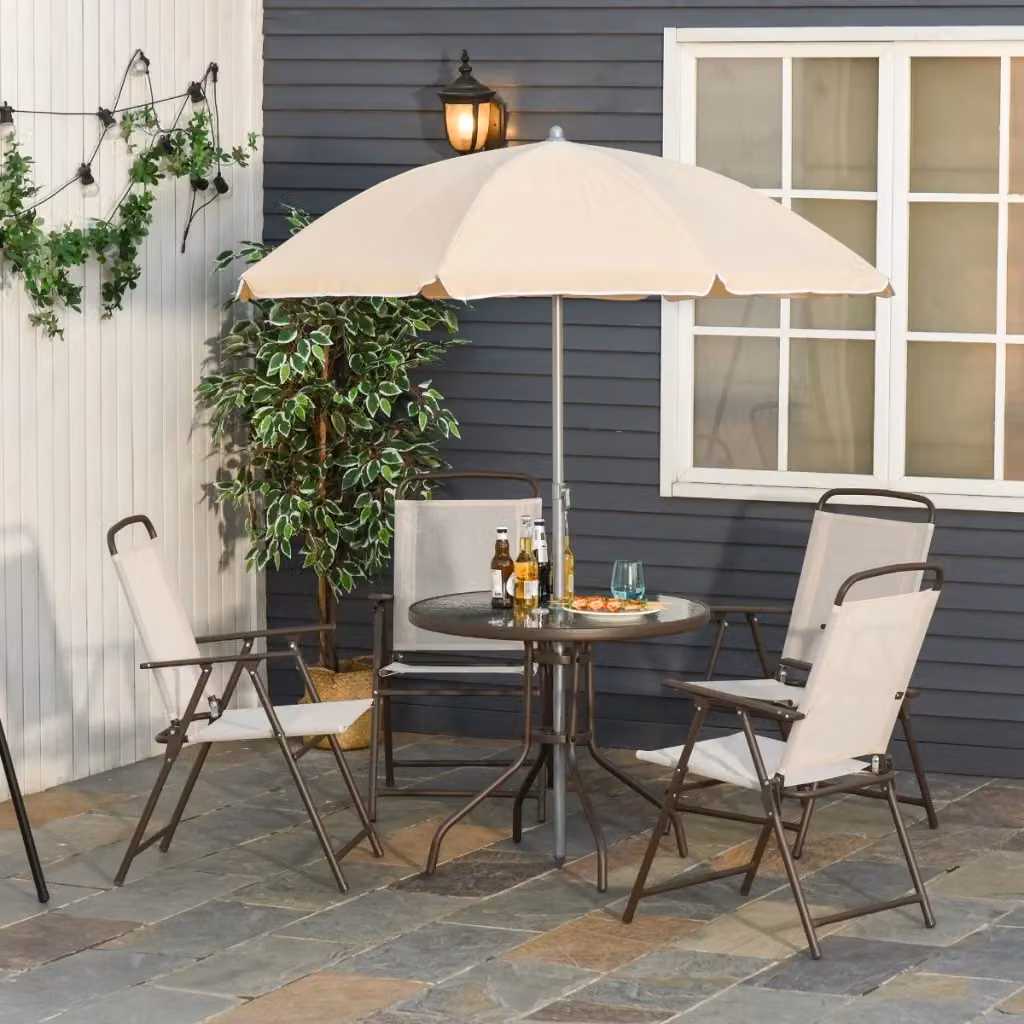 Set da giardino Easycomfort composto da tavolo rotondo in vetro e 6 sedie in acciaio verniciato opaco, colore beige – 2