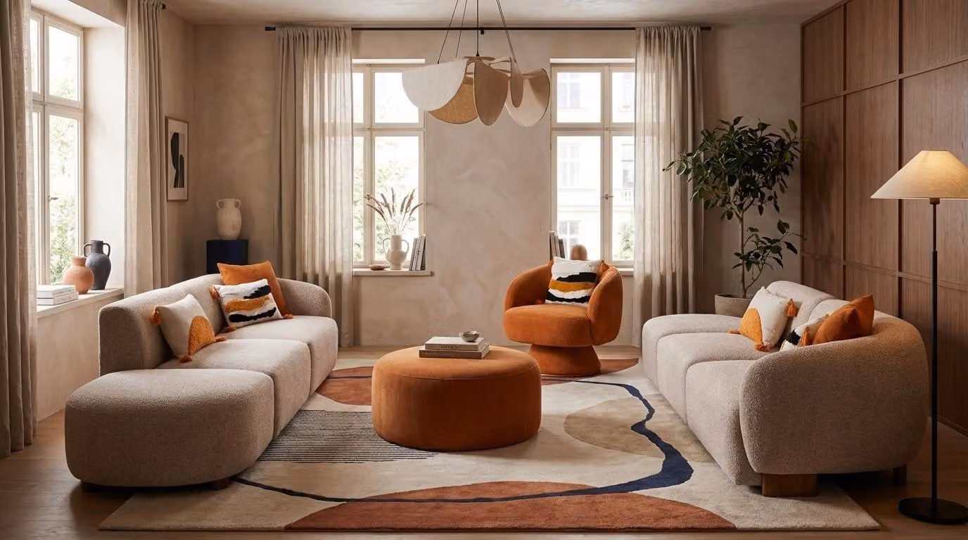 Divano componibile di design con poltrona e poggiapiedi, ideale per il soggiorno