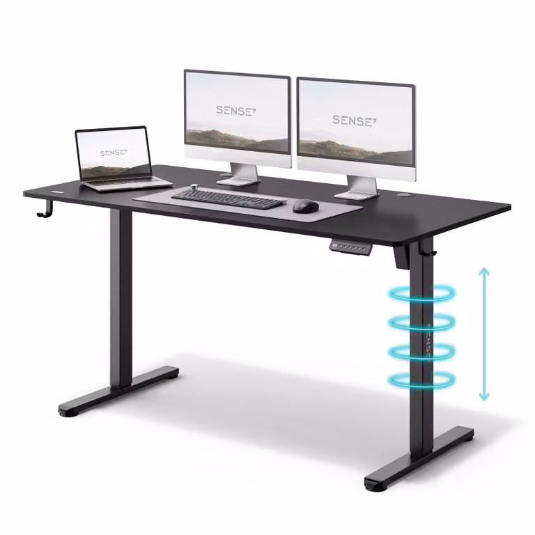 SENSE7 Nojo Scrivania regolabile in altezza 140x70 cm Elettrica Nera Tavolo da gaming Tavolo da computer Scrivania in piedi Funzione Memory Gestione cavi XXL