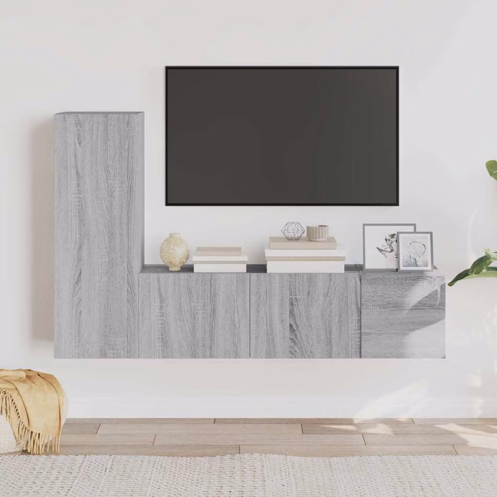 Set di mobili porta TV moderno vidaXL in legno multistrato grigio da 3 pezzi con scomparti multimediali e montaggio a parete