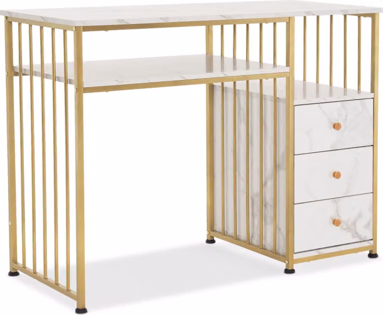 Scrivania M MCombo con cassetti, toletta senza specchio in marmo bianco e oro, tavolino per manicure in legno con struttura in metallo, scrivania per computer da salotto in stile moderno, 109 x 45,5 x 81 cm, 2407