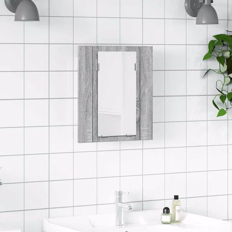 Mobile da bagno moderno vidaXL in legno multistrato grigio con illuminazione LED e ripiani interni, L 40 cm x P 12 cm x H 45 cm