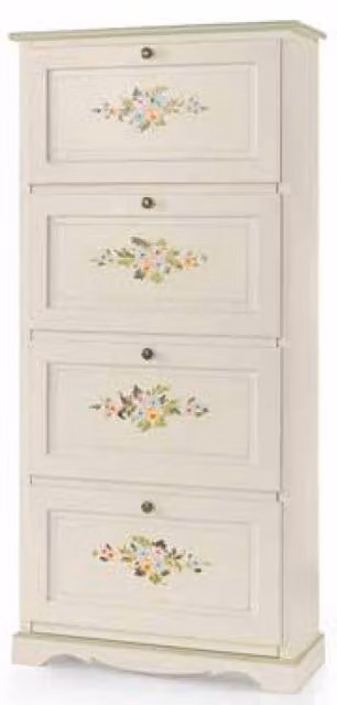 Scarpiera a 4 ante Mobili 2G in legno laccato bianco con decorazioni floreali e profili verdi L: 79 cm, P: 30 cm, H: 170 cm
