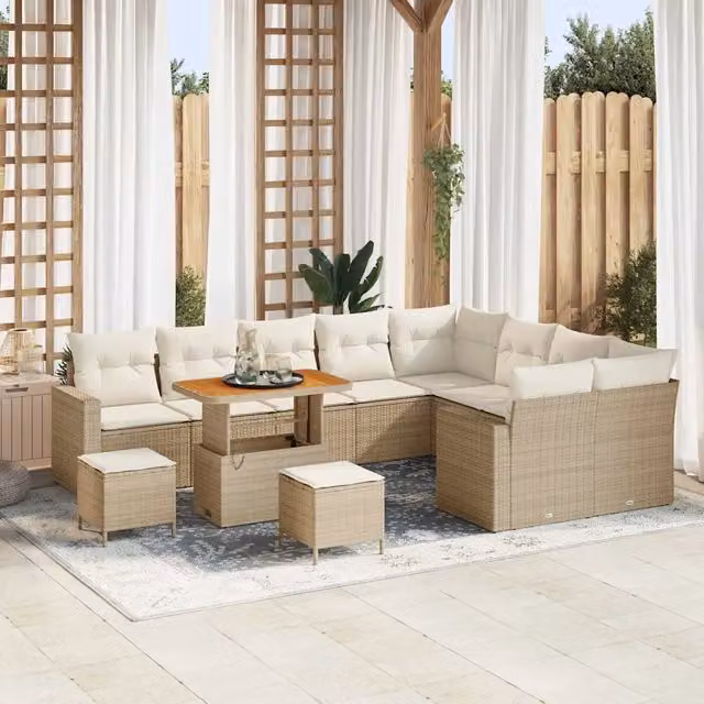 Set Divano da Giardino 12 Pezzi vidaXL Beige con Cuscini e Tavolino da Esterno in Polyrattan e Acciaio