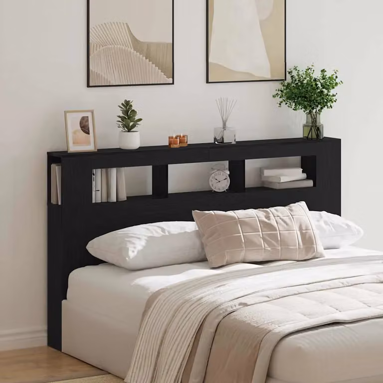 Testiera per letto con LED e porta USB vidaXL in rovere e nero, con mensola integrata, L: 180 cm, H: 103,5 cm, P: 18,5 cm