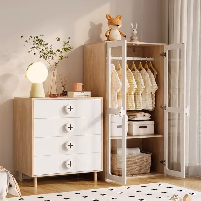 Set armadio e comodino con ante in acrilico trasparente 10 livelli e 4 cassetti naturale e bianco