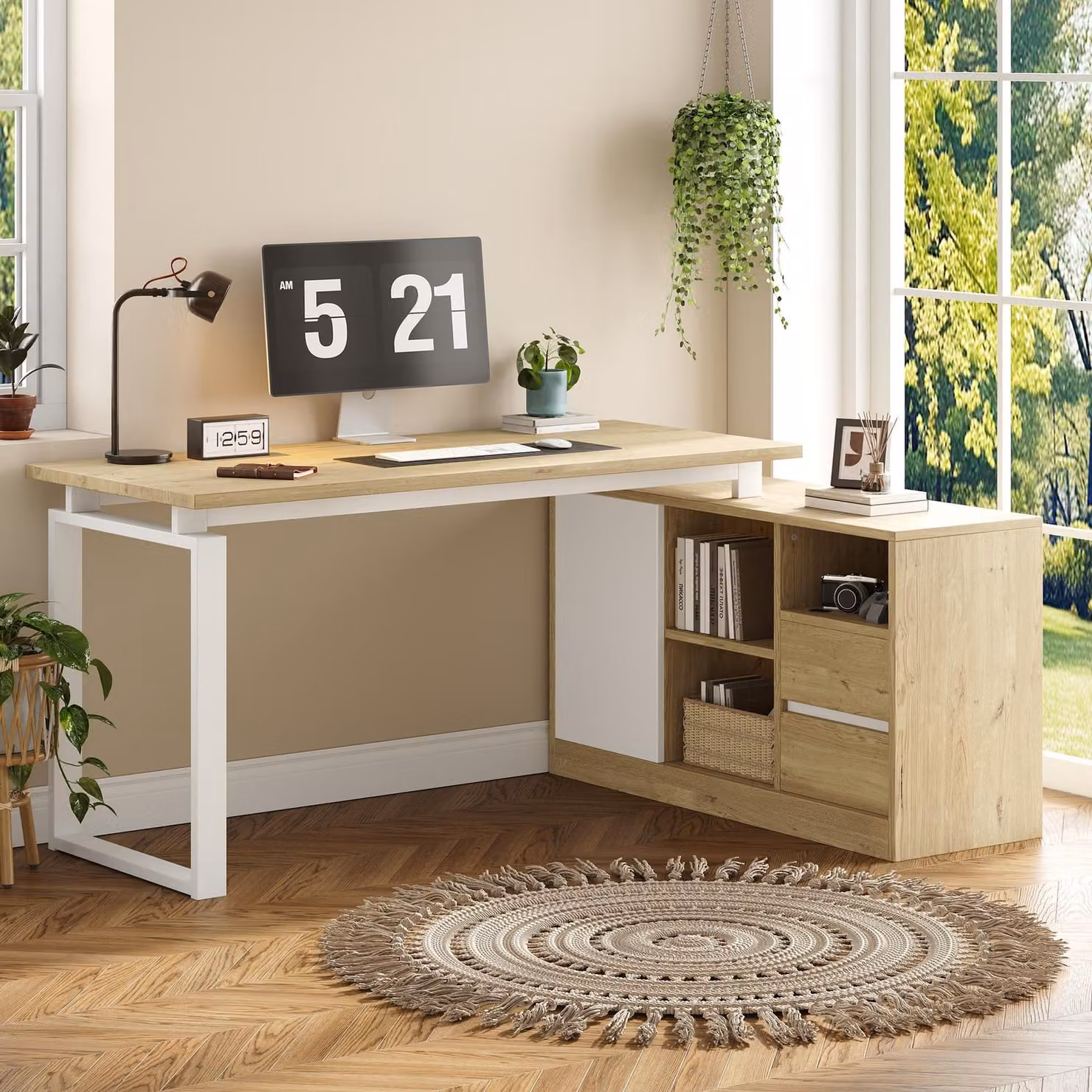 Scrivania a L Merax con spazio contenitivo, scrivania angolare con 2 cassetti, ripiano aperto e ante, scrivania per computer, scrivania da ufficio per l'home office, finitura naturale