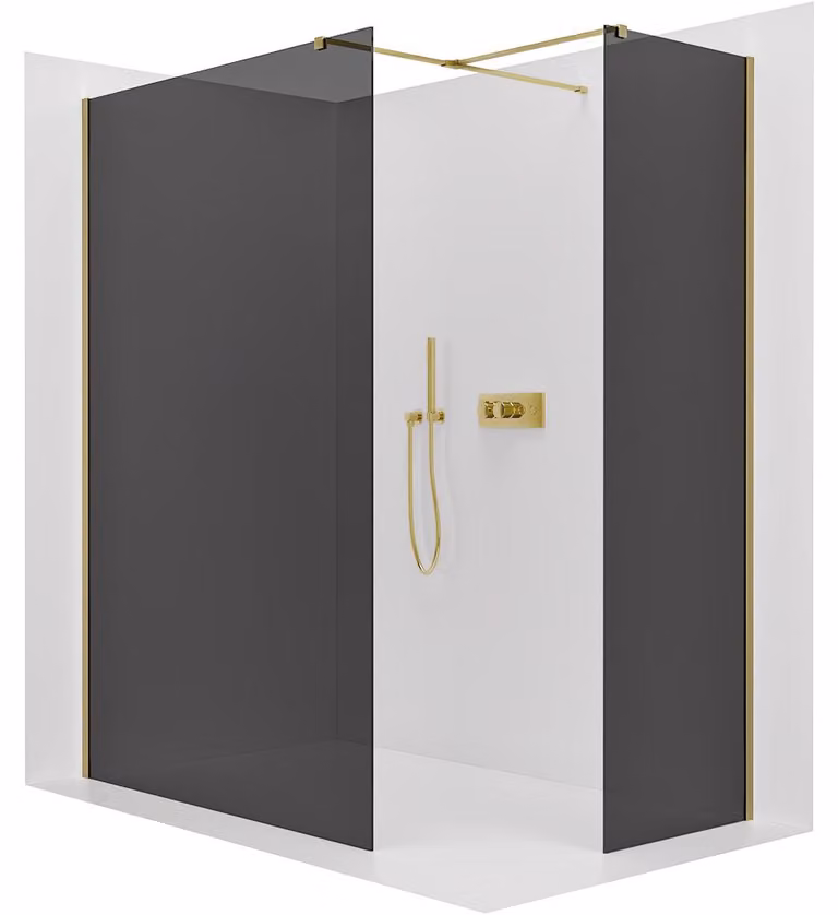 Pannello doccia angolare Walk-in Onyx T, destro/sinistro - 8 mm - profilo quadrato - dorato, vetro grigio - 90x40x200 cm