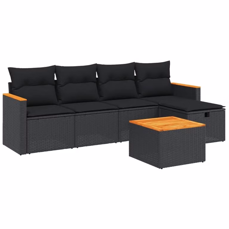 Set Divano da Giardino 6 pz con Cuscini Nero in Polyrattan