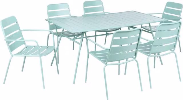 Set da pranzo da giardino per 6 persone con tavolo in ferro con foro centrale e sedie zincate e verniciate a polvere, colore verde menta